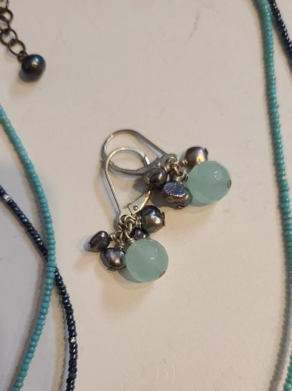 Beaded Aqua Teal And Navy  Layered Necklace and Earring Set